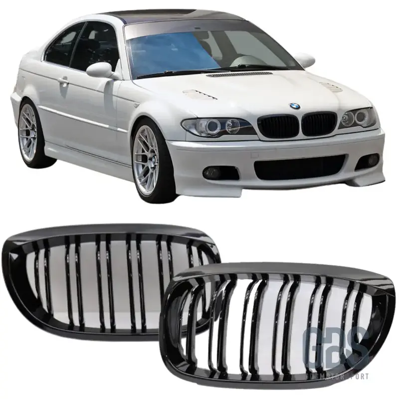 2 Grilles de Calandre Double Lame Noir Brillant pour BMW Série 3 E46 Phase 2 Coupé / Cabriolet