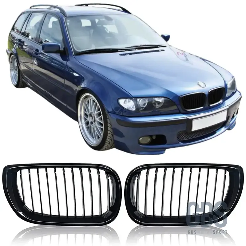 2 Grilles de Calandre Noir Brillant pour BMW Série 3 E46 Phase 2 Berline / Touring