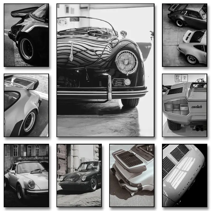 Affiche noir et blanc vintage voiture ancienne Porsche 911 et 356
