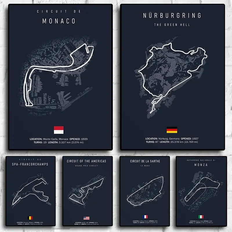 Affiches murales circuits automobiles F1 et Endurance sur fond noir