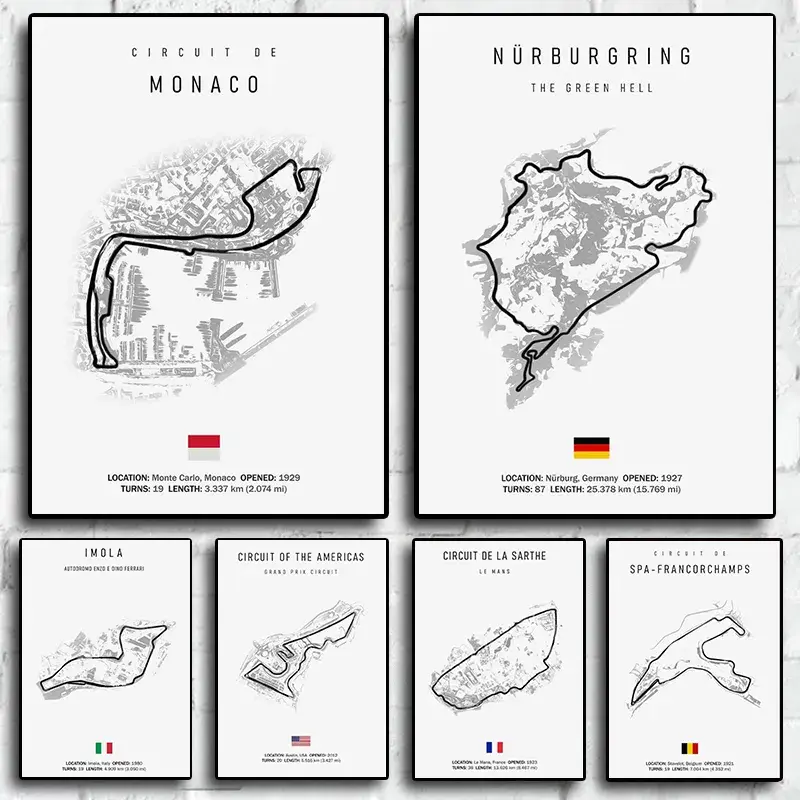 Affiches murales circuits de course automobile sur fond blanc