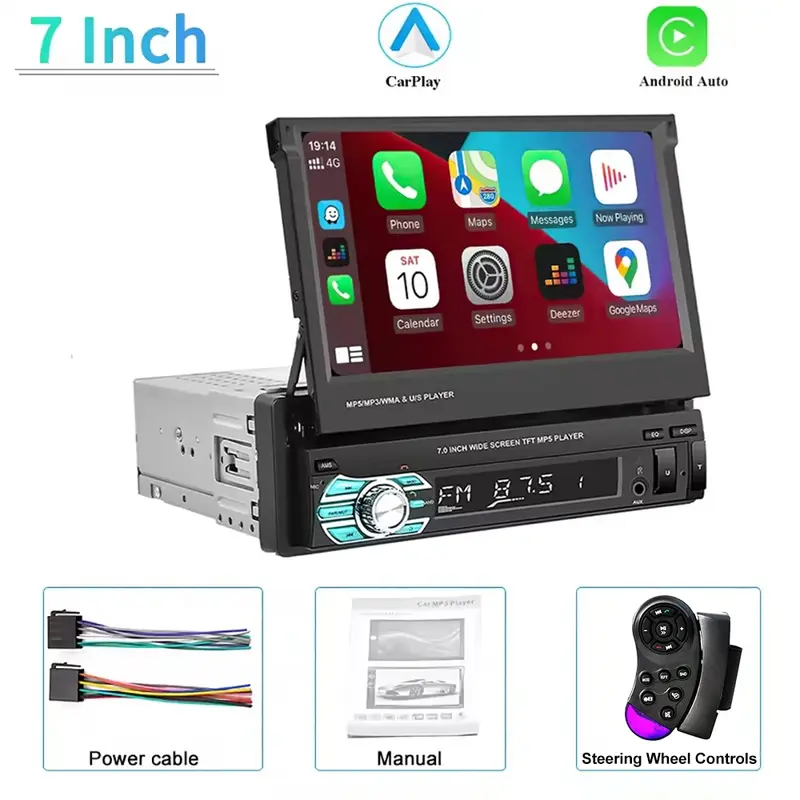 Autoradio 1 DIN avec Écran Tactile Rétractable 7" – Compatible CarPlay et Android Auto
