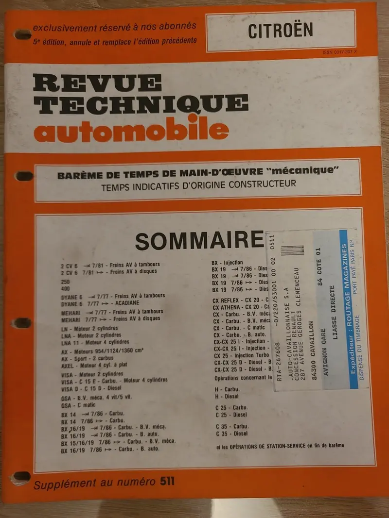Baremes Temps Revue Technique Automobile CITROEN Collector 1990 (Liv150)