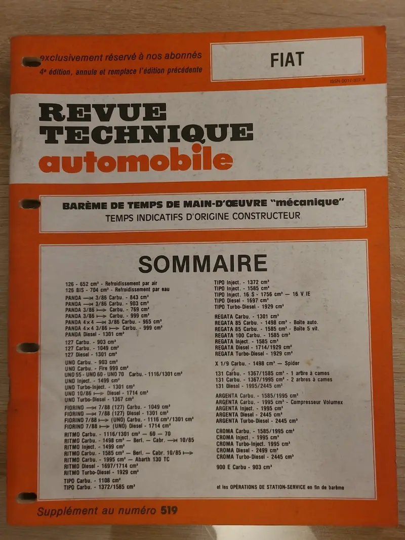 Baremes Temps Revue Technique Automobile FIAT Collector 1990 (Liv151)