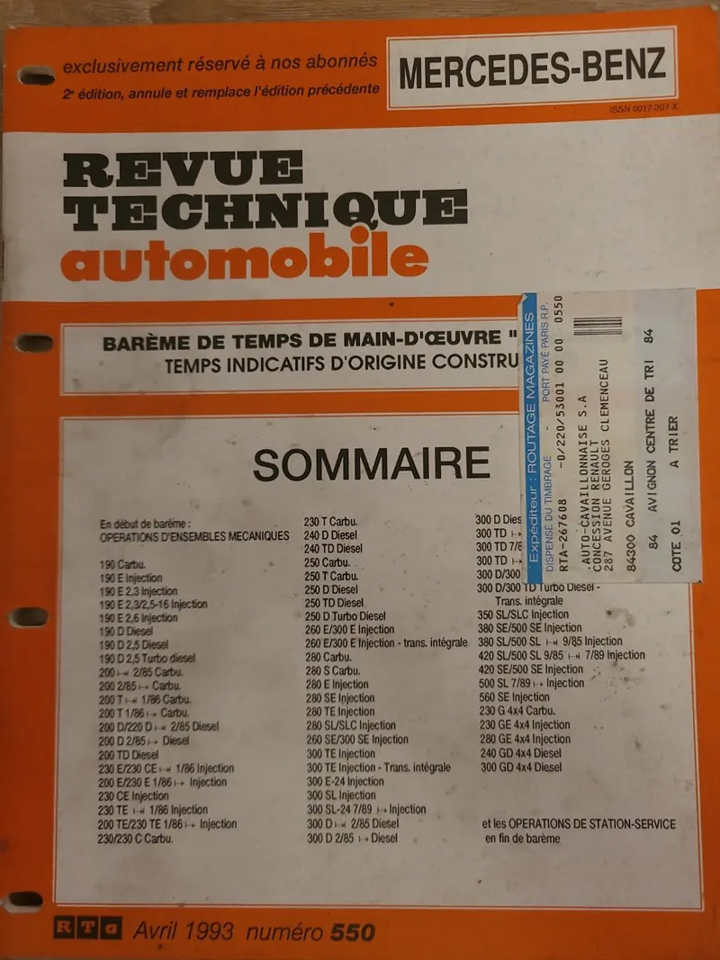 Baremes Temps Revue Technique Automobile MERCEDES Collector 1993 (Liv156)