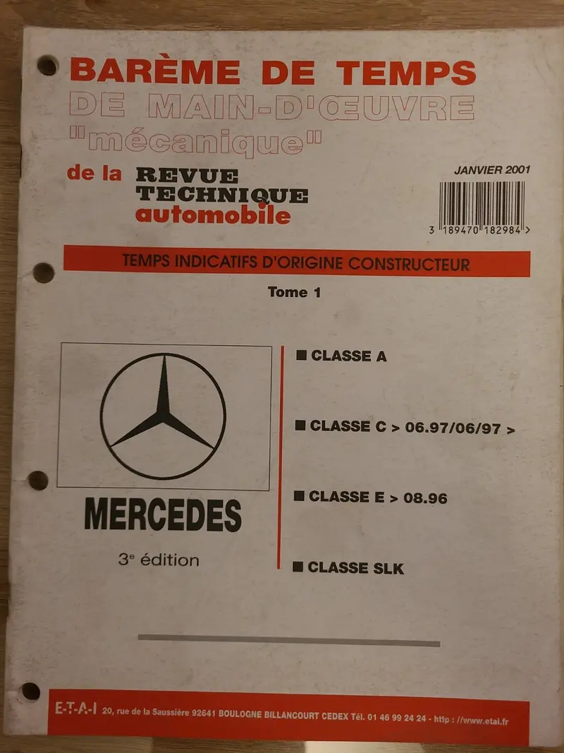 Baremes Temps Revue Technique Automobile MERCEDES Collector 2001 (Liv144)