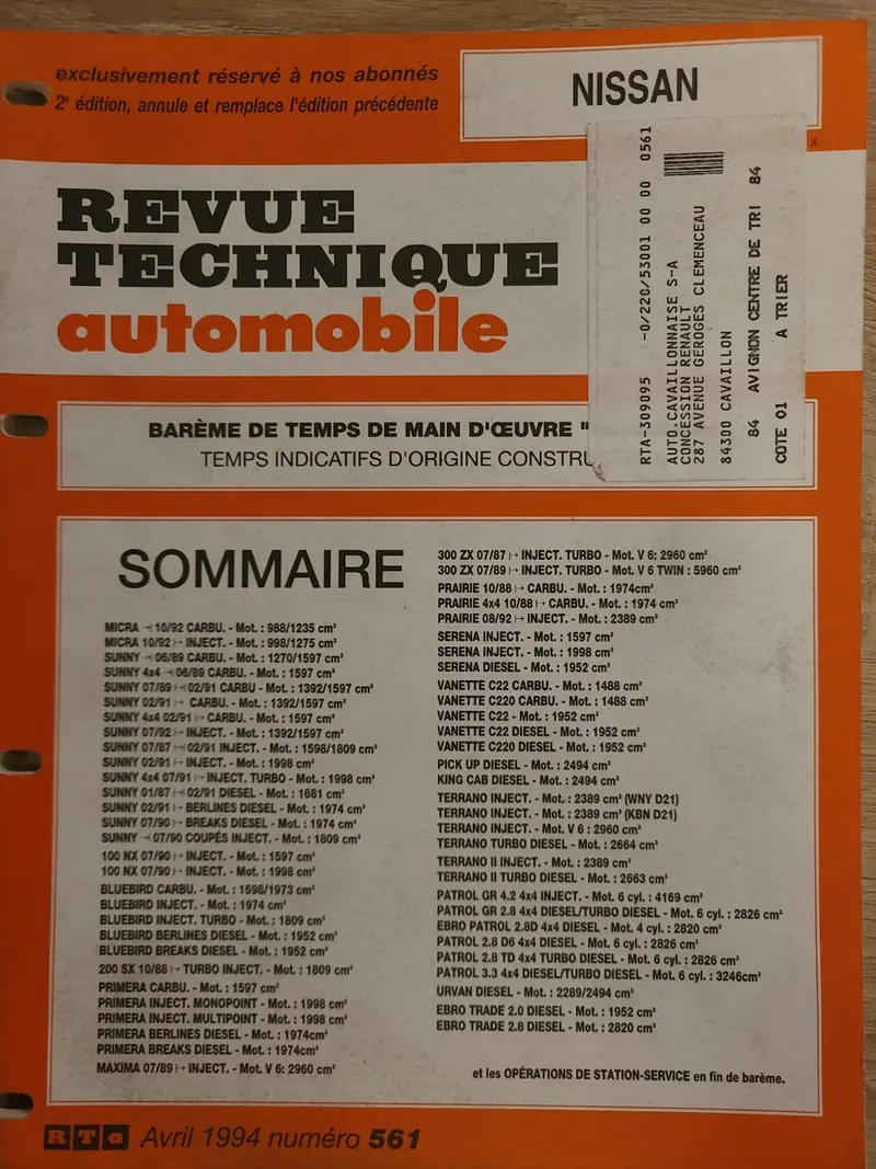 Baremes Temps Revue Technique Automobile NISSAN Collector 1994 (Liv142)