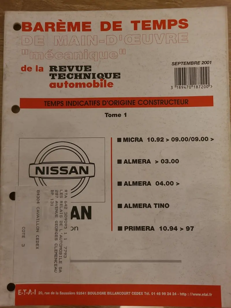 Baremes Temps Revue Technique Automobile NISSAN Collector 2000 (Liv149)