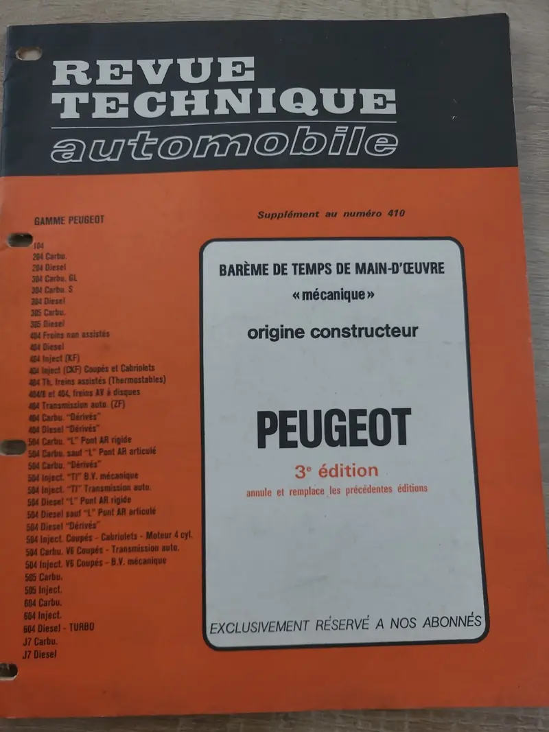 Baremes Temps Revue Technique Automobile Peugeot 1981 Collector (Liv176)