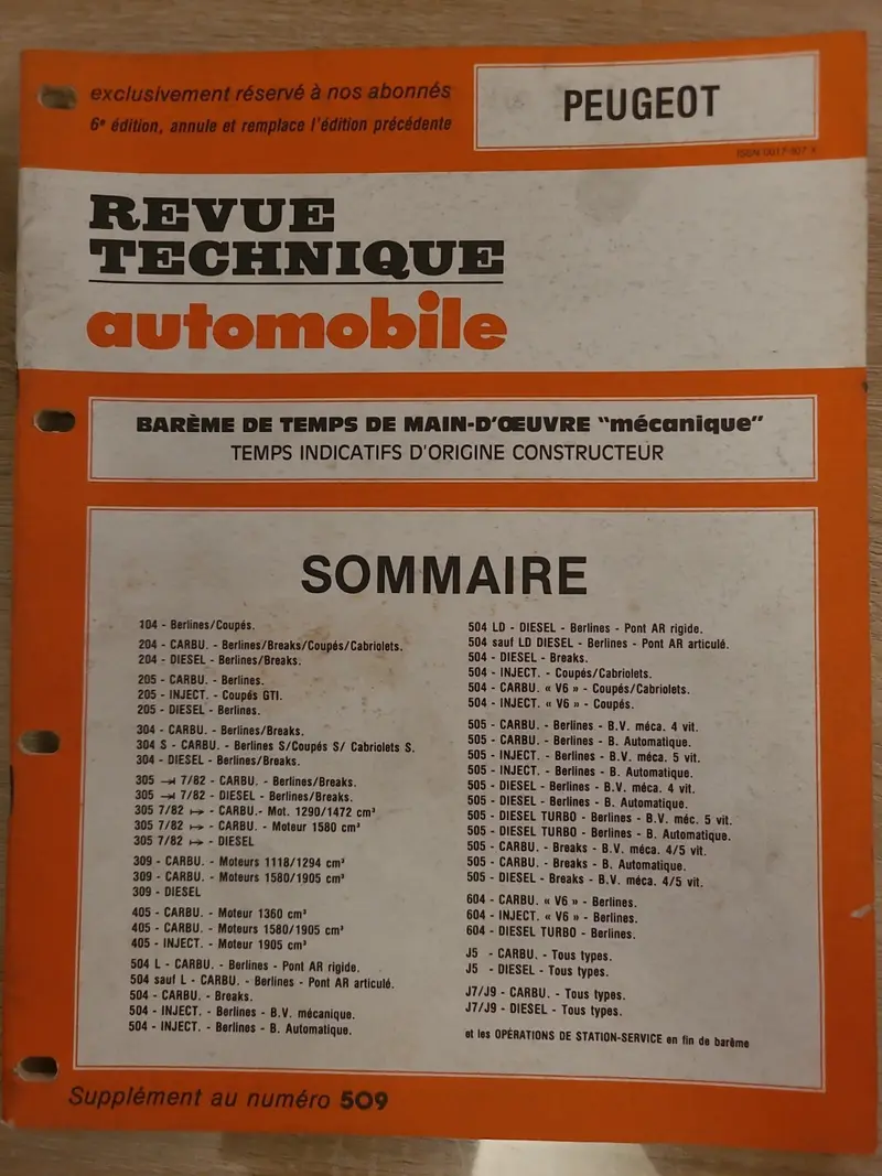 Baremes Temps Revue Technique Automobile PEUGEOT Collector 1999 (Liv153)