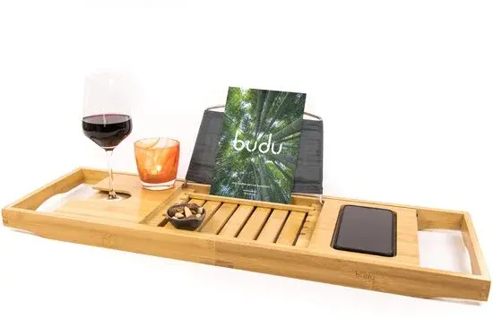 Budu Planche de Bain Réglable en Bambou 70-105 cm - Nouveau Produit d'Outlet