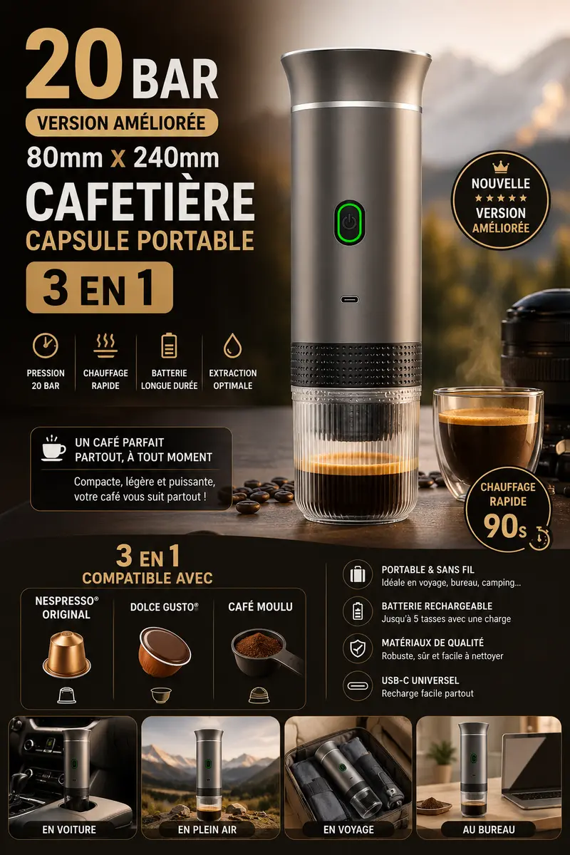 Cafetière Portable 3 en 1 — Capsules & Café Moulu — 20 Bar