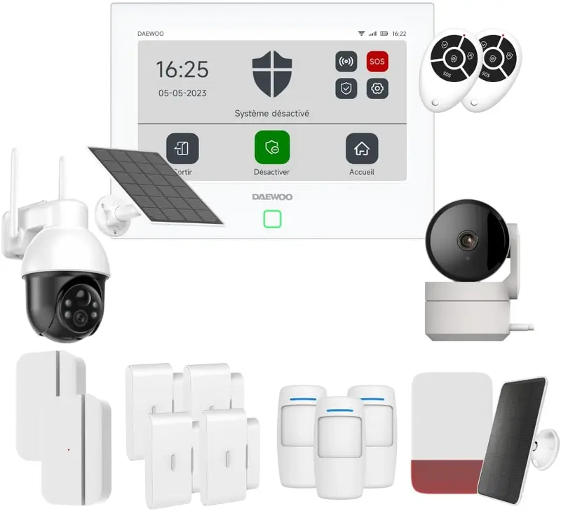 Daewoo Pack Alarme Connectée WiFi/GSM Touch 7 Pouces AM502L - Système sans Fil et sans Abonnement, Compatible Animaux, Détecteurs Inclus + Caméra de Surveillance Full HD, Application Mobile Incluse