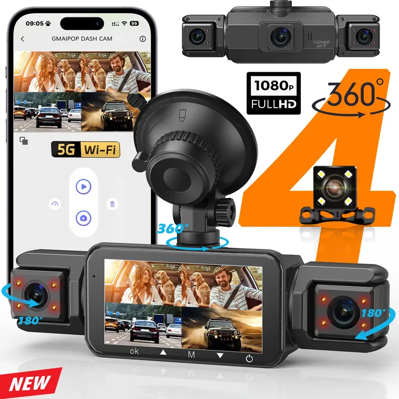 Dashcam 4 canaux WiFi 1080P — Vision nocturne, enregistrement en boucle, surveillance parking