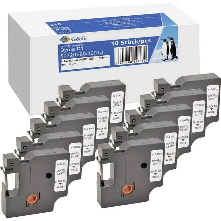 G&G D1-40913 Labeltape 9mm Wit/Zwart 10 stuks - Nieuw