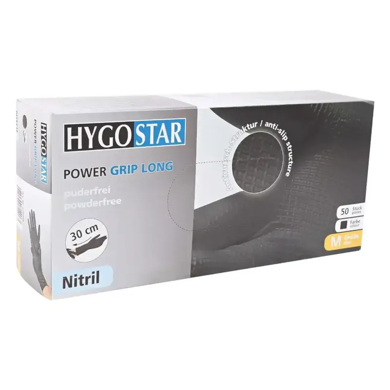 Gants nitrile Hygostar Power Grip Long noirs 50 pièces