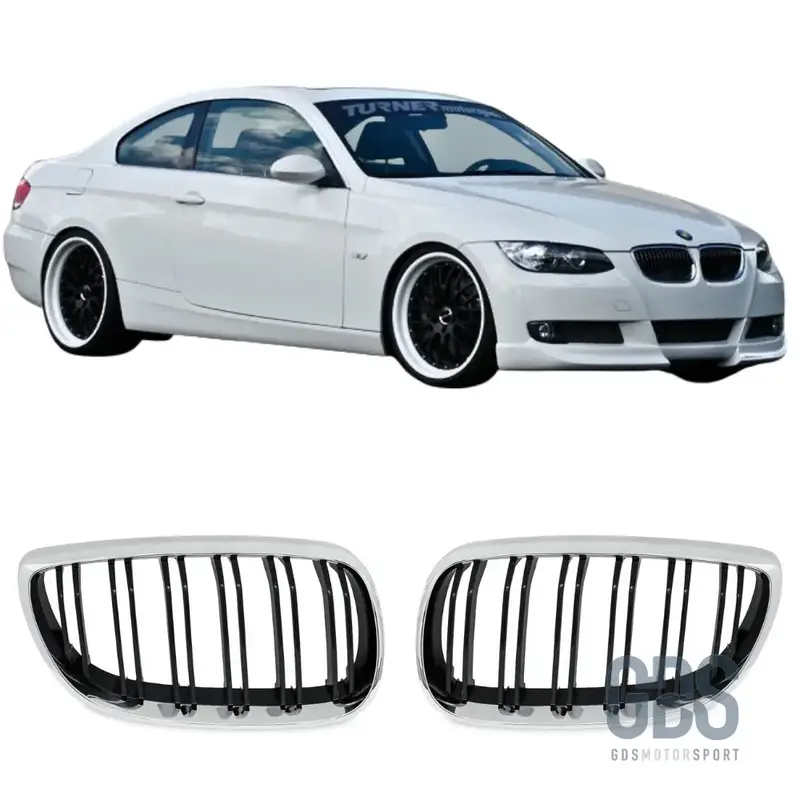 Grilles de calandre double lame Look M4 BMW Série 3 E92 E93 Phase 1 Chrome Noir Brillant