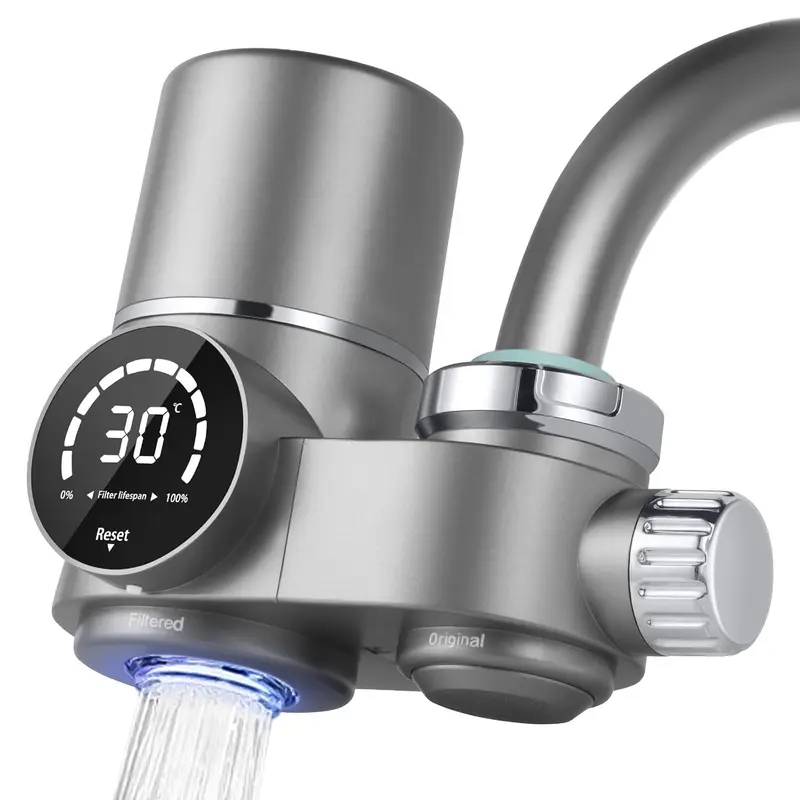 HOTUT Filtre Eau Robinet, Système de Filtre à Eau avec Affichage LED, Comprend 1 Cartouche, 8 Couches de Filtrage, Enlève Impuretés, Chlore, Eau de Javel, Vers, Installation Facile