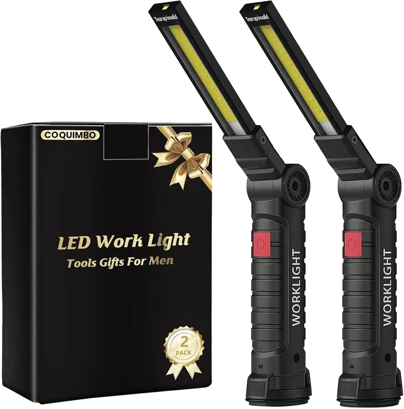 Lot de 2 lampes de Poche COB Torche avec Base Magnétique, 5 Modes Lampe LED Rechargeable pour Garage, Camping et Urgences,