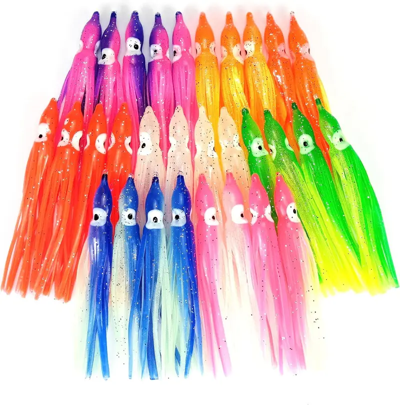 Lot de 30 leurres Lumineux en Plastique Souple pour pêche à la traîne en Forme de Pieuvre - Multicolore - 5,1-15,2 cm - 7 Couleurs - 9,4 cm