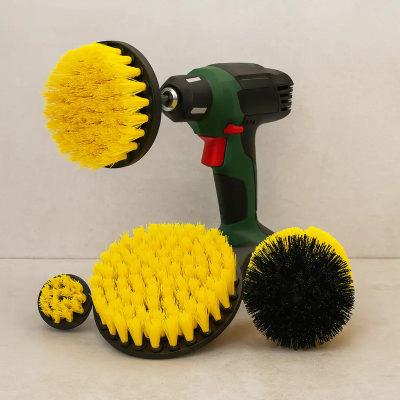 Lot de 4 brosses perceuse poils durs jaunes – nettoyage intensif surfaces résistantes