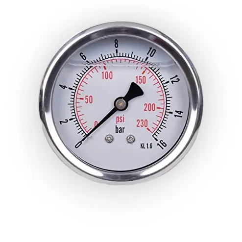 Manomètre glycériné 0–25 bar Ø63 mm – raccord 1/4" fond – Inox