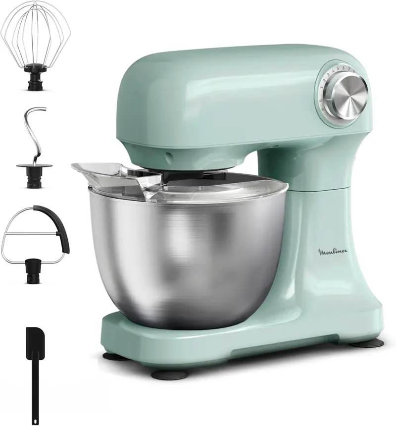 Moulinex, Bake Simple, Robot pâtissier, compact, utilisation facile, Fouet, batteur et crochet petrin, QA1413F0, Vert D'eau
