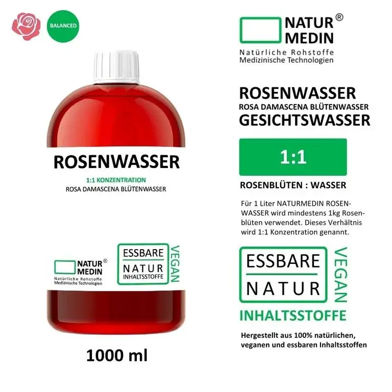 Natur medin Rozenwater 1000ml Eetbaar Vegan - Nieuw