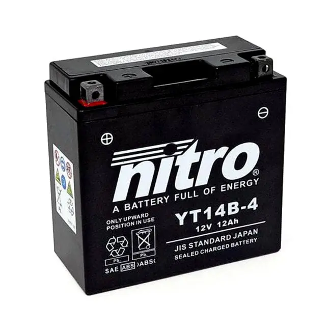 Nitro Sealed YT14B-4 AGM Motorcycle Battery 12 Ah