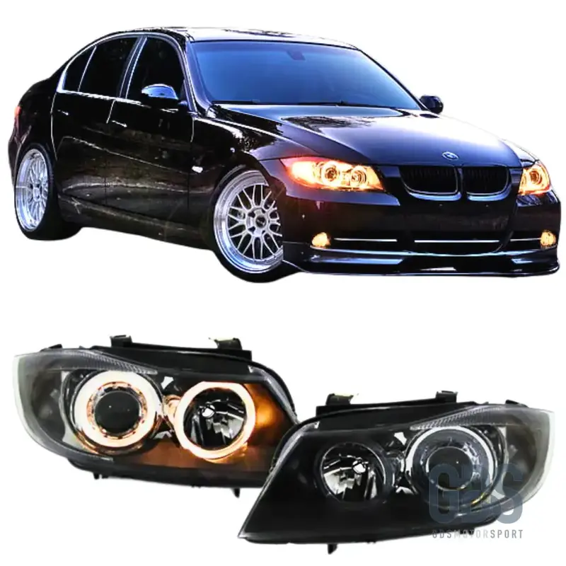 Phares Angel Eyes Jaune Halogène BMW E90 E91 Phase 1 H7 Look Facelift LCI