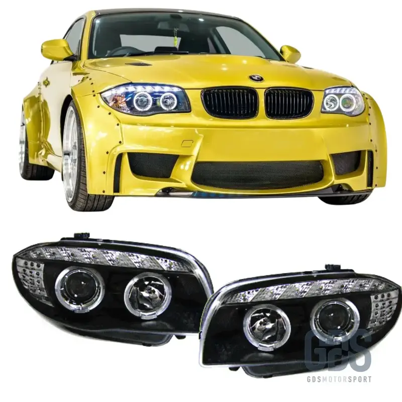 Phares Avant Angel Eyes LED avec Feux de Jour Fond Noir H7/H7 pour BMW Série 1 E87 E81 E82 E88 — Phase 1 et Phase 2