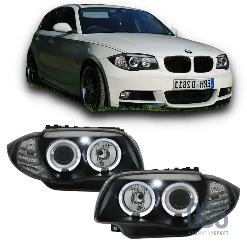 Phares Avant Angel Eyes LED Fond Noir H7/H7 pour BMW Série 1 E87 E81 E82 E88 — Phase 1 et Phase 2