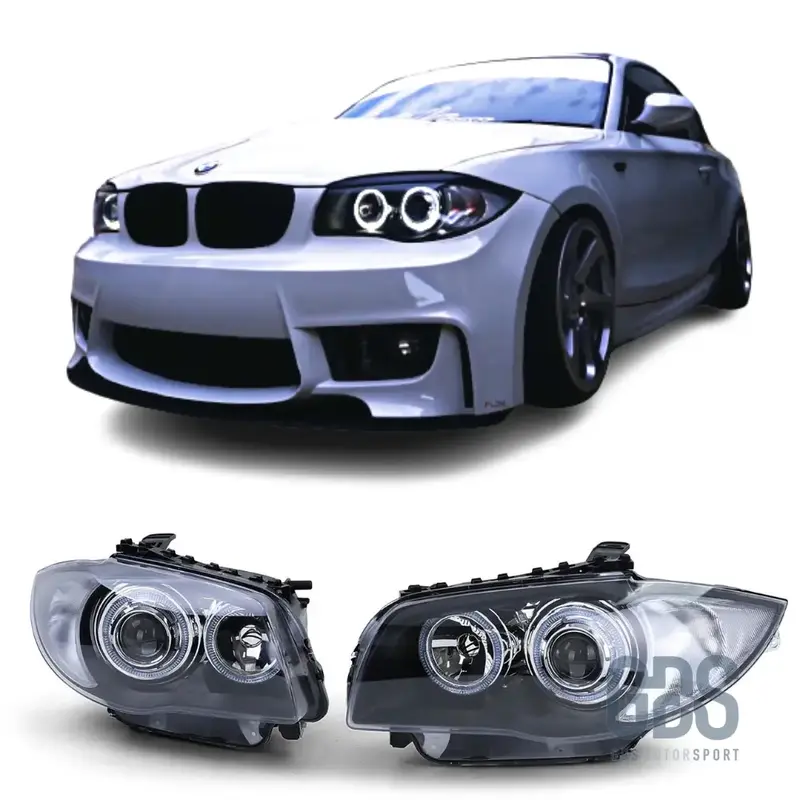 Phares Avant Angel Eyes LED Fond Noir H7/H7 pour BMW Série 1 E87 E81 E82 E88 — Phase 1 et Phase 2