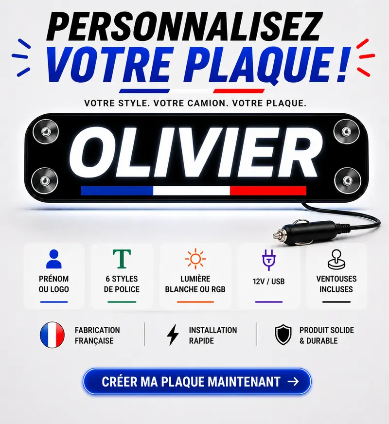 Plaque lumineuse camion prénom personnalisée – Enseigne LED cabine camion