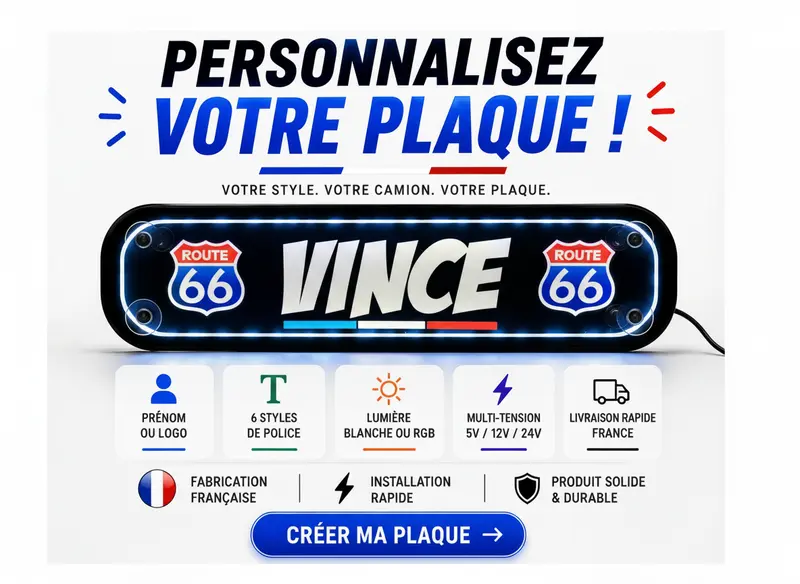 Plaque lumineuse camion prénom personnalisée + logos – Enseigne pare-brise LED