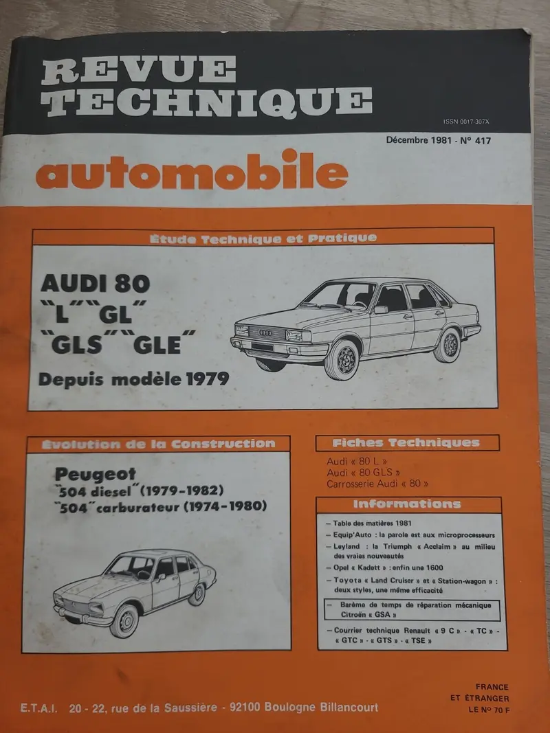 RTA Revue Technique Automobile 504 D Audi 80 GL 1981 (Liv163)
