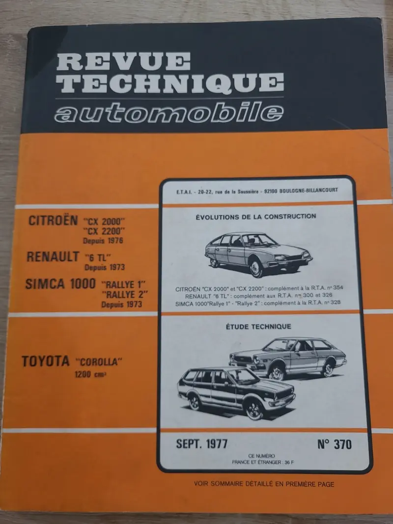 RTA Revue Technique Automobile Citroën CX Renault 6 Simca 1000 1977 (Liv164)