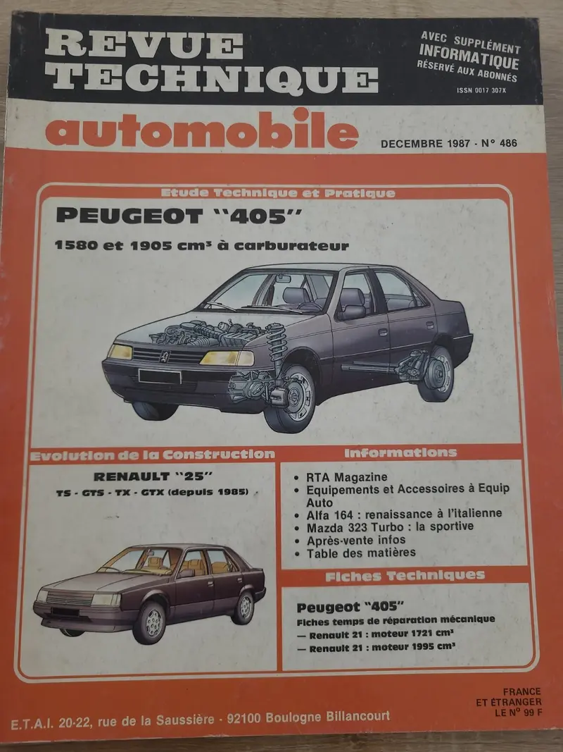 RTA Revue Technique Automobile Peugeot 405 Carbu 1987 (Liv223)