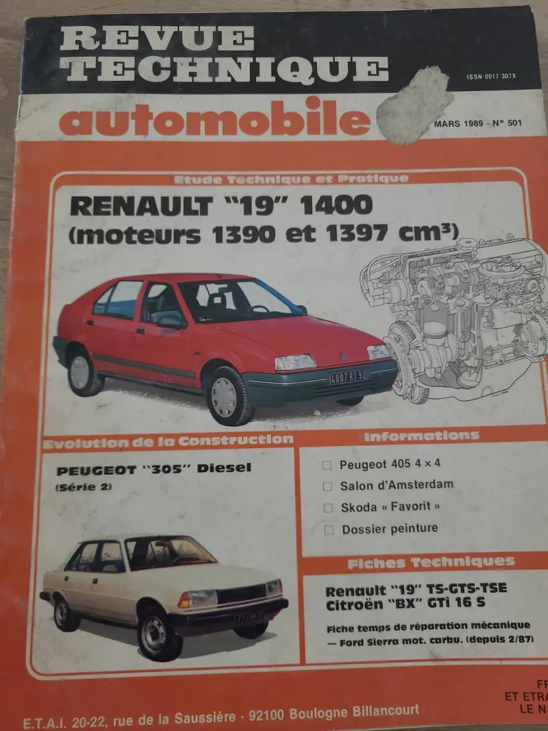 RTA Revue Technique Automobile Renault 19 1400 1989 (Liv226)
