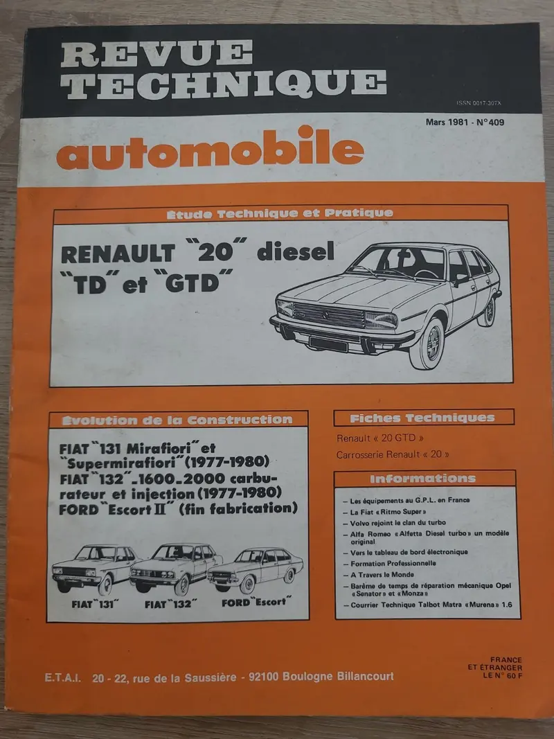 RTA Revue Technique Automobile Renault 20 Diesel Fiat 131 1981 (Liv169)