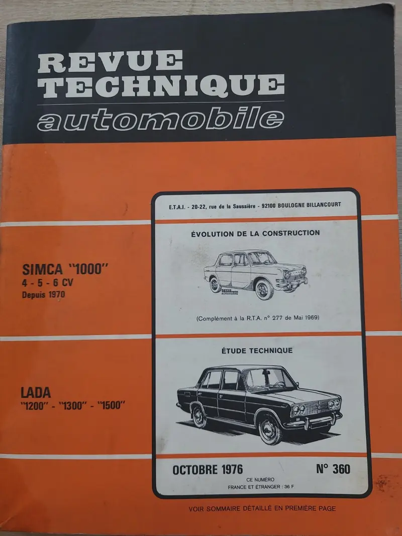 RTA Revue Technique Automobile Simca 1000 Lada 1200 1976 (Liv175)