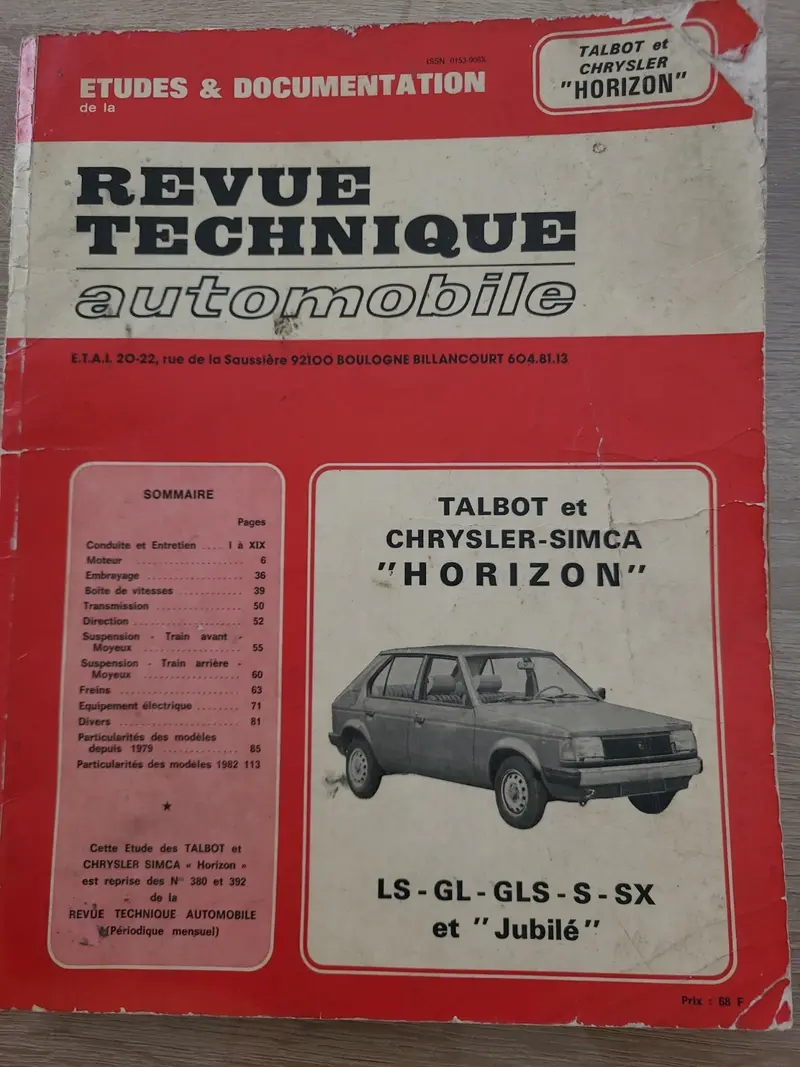 RTA Revue Technique Automobile Talbot Chrysler Simca Horizon 1983 (Liv177)