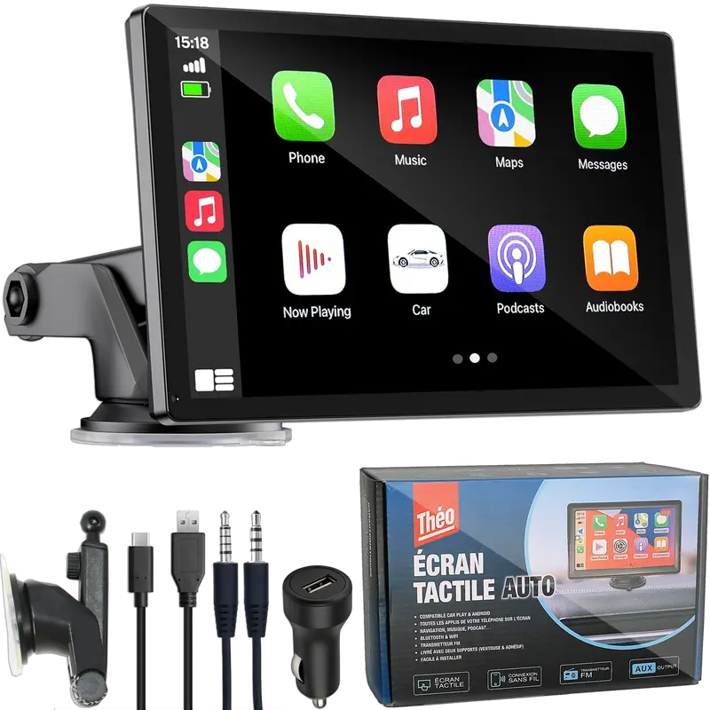 Théo - Écran Tactile Voiture 7" – CarPlay & Android Auto | Bluetooth, Wi-Fi, Siri, Mirror Link | Contient 1 Support, 1 Câble USB C, 1 Câble Aux, 1 Prise Allume Cigare