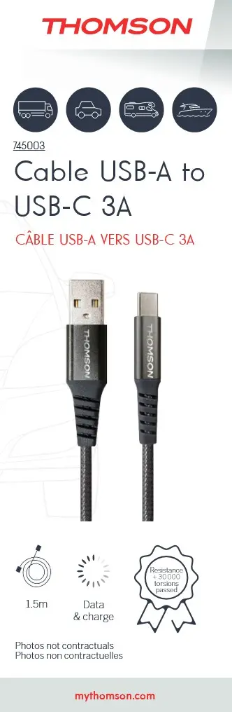 Thomson - CABLE DE CHARGE & DONNEES USB-A vers USB-C 3A 1,5M