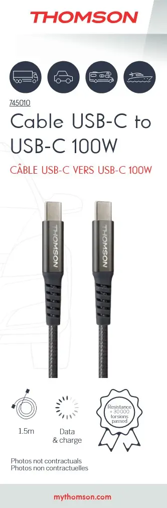 Thomson - CABLE DE CHARGE & DONNEES USB-C vers USB-C 100W 1,5M