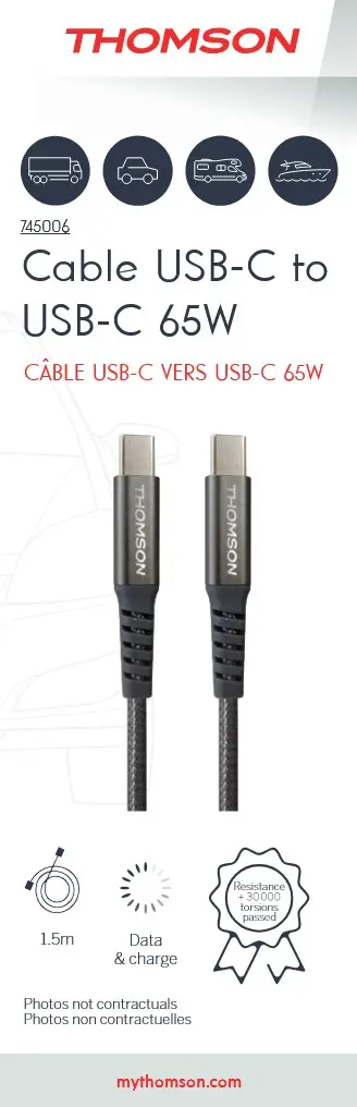 Thomson - CABLE DE CHARGE & DONNEES USB-C vers USB-C 65W 1,5M