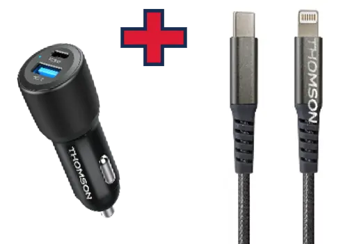 Thomson - PACK CHARGEUR VOITURE 60W  + CABLE LIGHTNING 5A