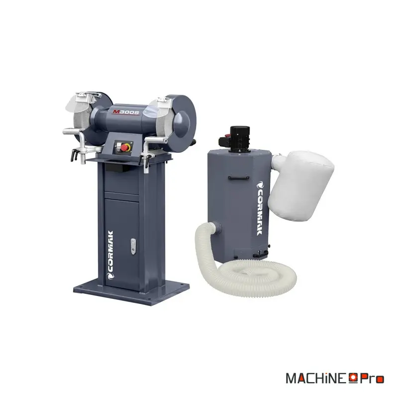 Touret à meuler industriel à double disque CORMAK M300S + aspiration pour copeaux métalliques MDC750